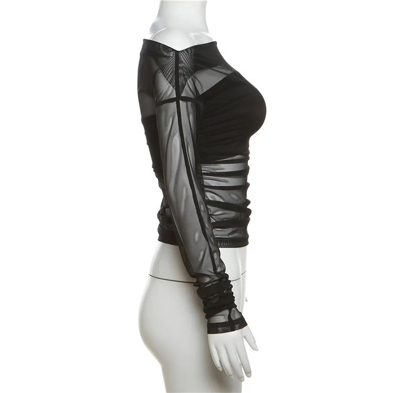 Gothic Alt Goth Off Shoulder Sheer Mesh Long Sleeve and Inner Tube Top Set