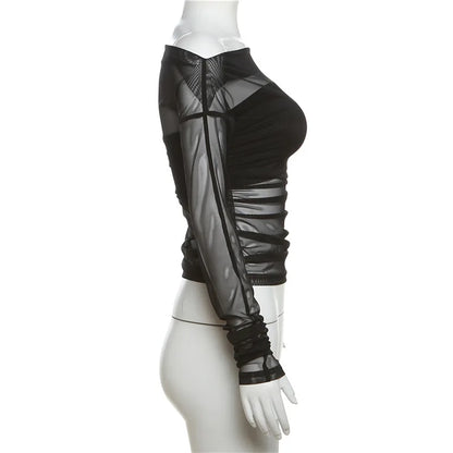 Gothic Alt Goth Off Shoulder Sheer Mesh Long Sleeve and Inner Tube Top Set