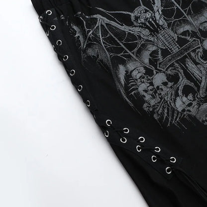 Alt Gothic Bat Skulls Print Lace Up Sides Long Skirt