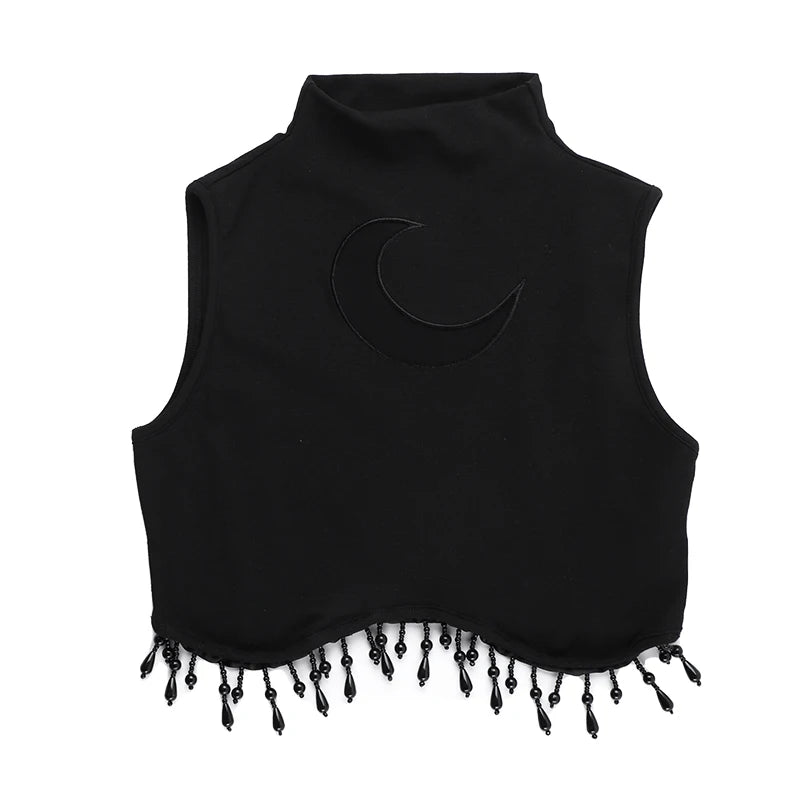 Gothic Fairycore Moon Beads Tassels Turtleneck Sleeveless Top