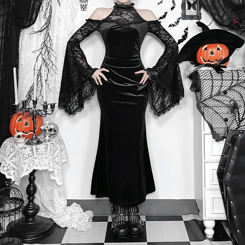 Gothic Romantic Goth Cold Shoulder Lace Patchwork Long Velvet Dress ROCK 'N DOLL Gothic Romantic Goth Cold Shoulder Lace Patchwork Long Velvet Dress ROCK 'N DOLL