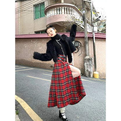 Gothic Grunge 90s Buckled Pleated Red Plaid A-Line Skirt