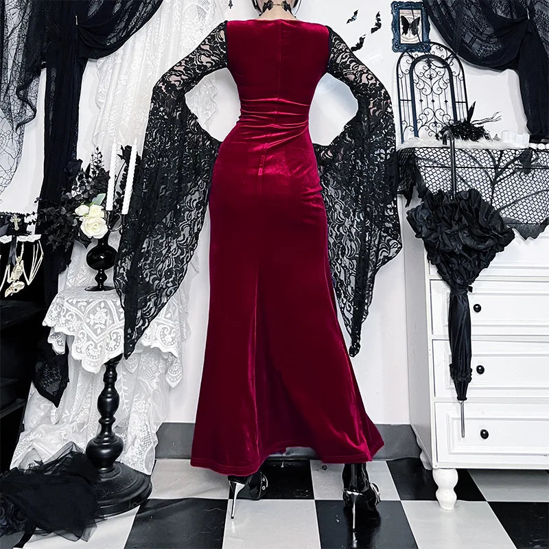 Gothic Romantic Vampire 90s Goth Black Lace Patchwork Red Velvet Double High Slit Long Bodycon Dress