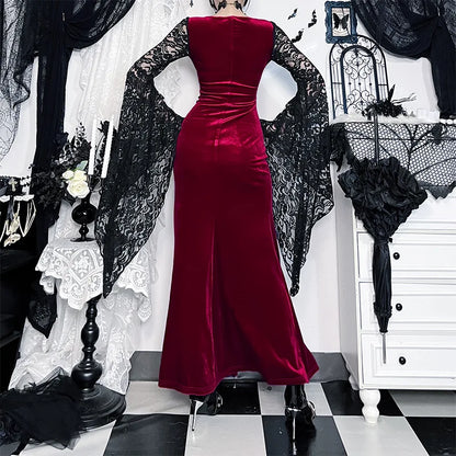 Gothic Romantic Vampire 90s Goth Black Lace Patchwork Red Velvet Double High Slit Long Bodycon Dress