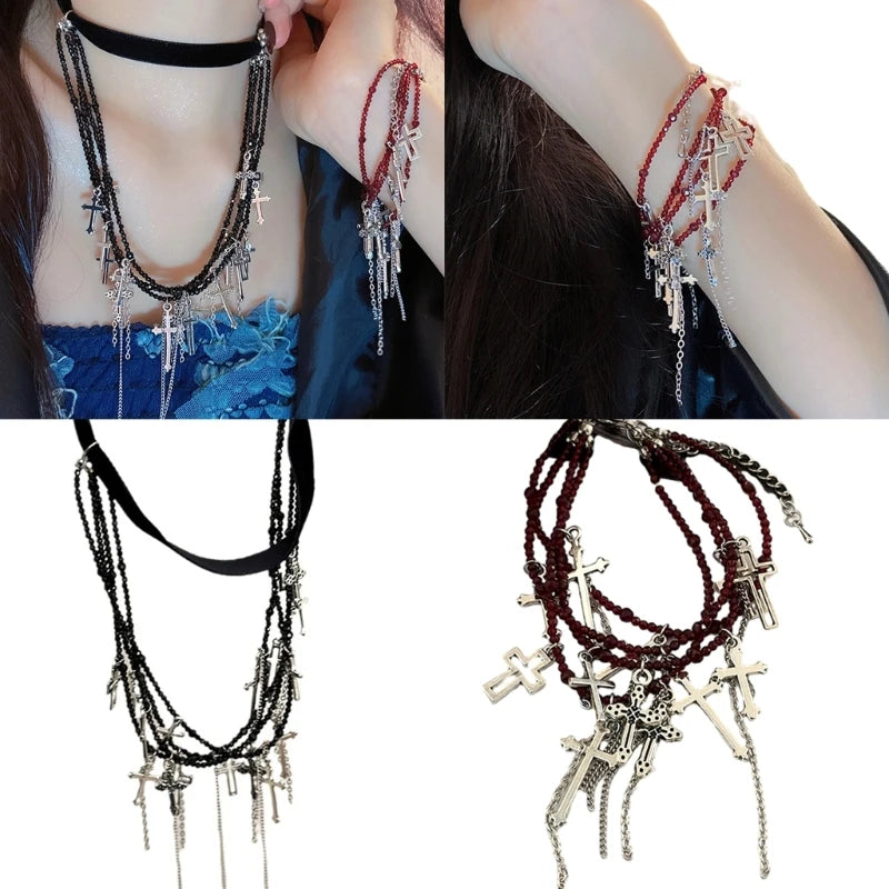 Gothic Multi Layered Cross Pendants Necklace /Bracelet