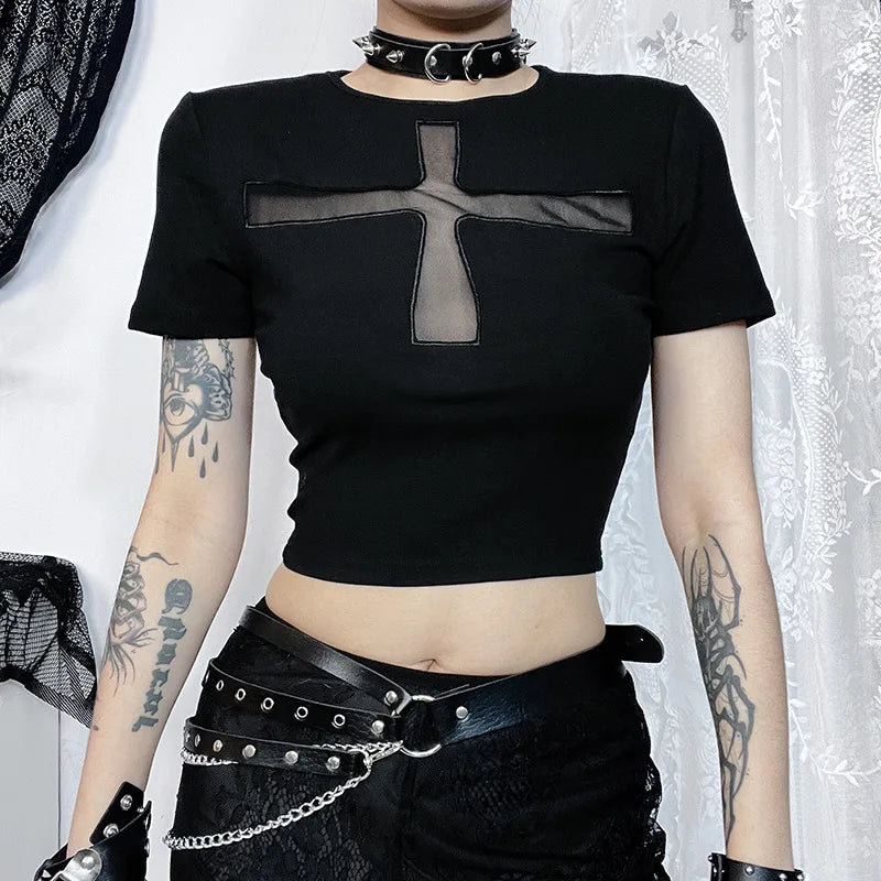 Gothic Alt Goth Cross Sheer Hollow Out Short Sleeve Shirt Top