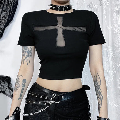 Gothic Alt Goth Cross Sheer Hollow Out Short Sleeve Shirt Top
