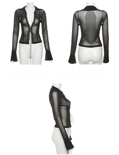 Gothic Y2K Goth Sheer Grommet Lace Up Front Long Sleeve Top