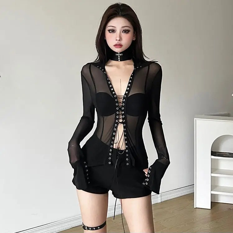 Gothic Y2K Goth Sheer Grommet Lace Up Front Long Sleeve Top