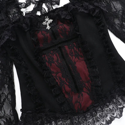 Gothic Cross Patchwork Lace Sleeves Romantic Goth Top