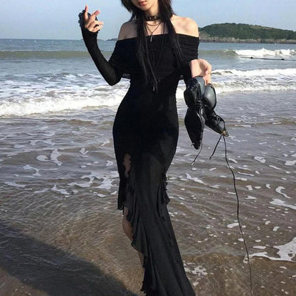 Gothic Romantic Goth Off Shoulder Ruffle Slit Long Sleeve Bodycon Long Dress