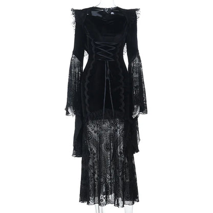 Gothic Romantic Goth Flocking Lace Batwing Sleeve Hooded Long Dress