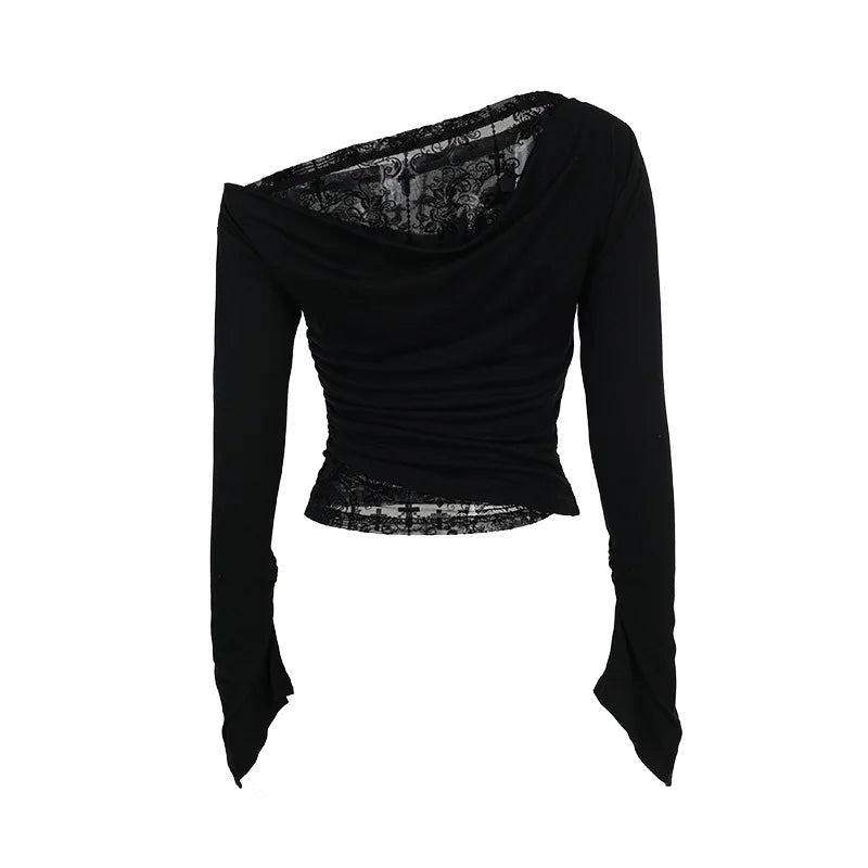 A;lt Gothic Off Shoulder Lace Mesh Patchwork Long Sleeve Top