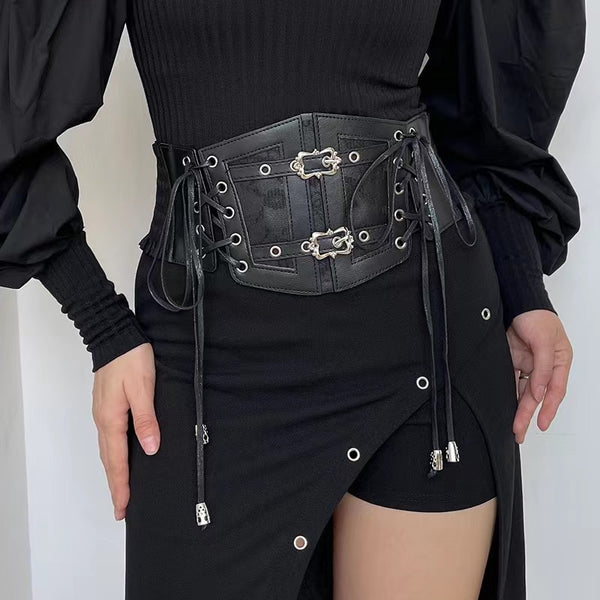 Gothic Leather Lace Buckles Wide Corset Belt