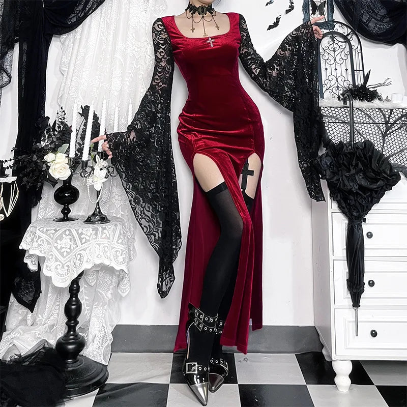 Gothic Romantic Vampire 90s Goth Black Lace Patchwork Red Velvet Double High Slit Long Bodycon Dress