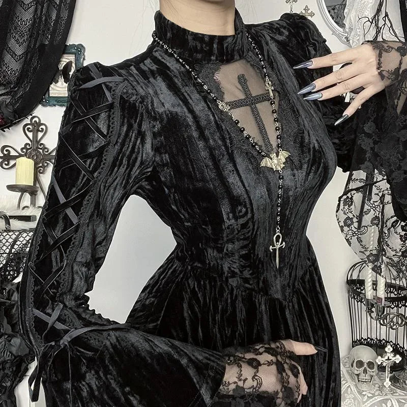 Gothic Alt Goth Vintage Cross Lace Patchwork Bell Sleeves Mini Dress