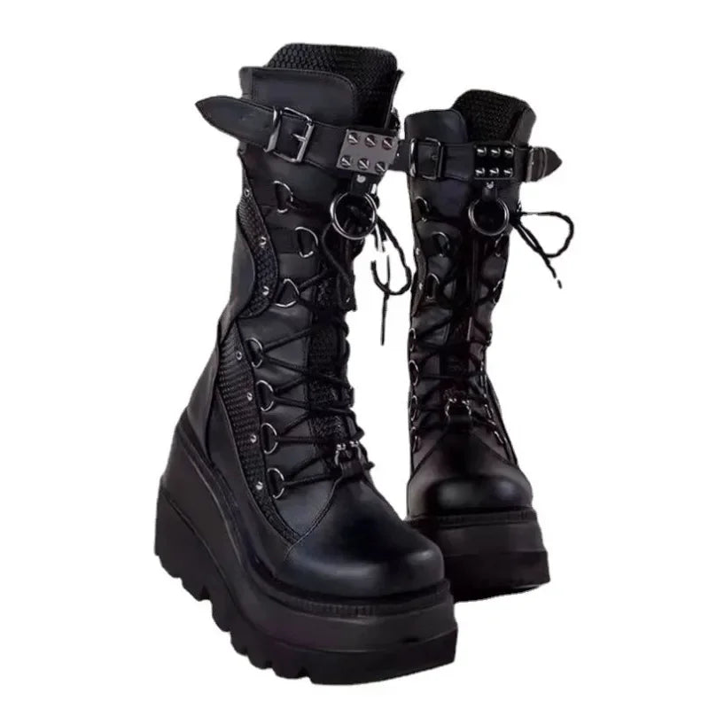 Gothic Alt Goth O-Ring Spiked Buckle Mid-calf Platform Boots