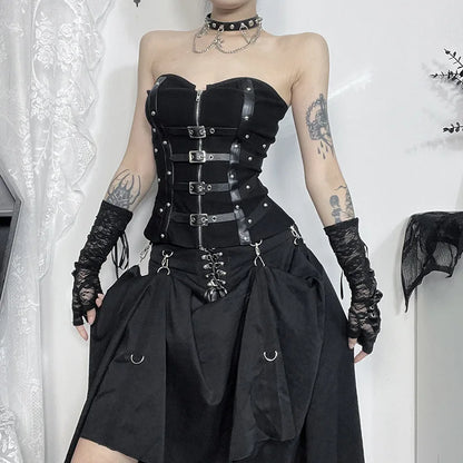 Gothic Faux Leather Buckle Strapless Corset Top