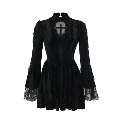 Gothic Alt Goth Vintage Cross Lace Patchwork Bell Sleeves Mini Dress