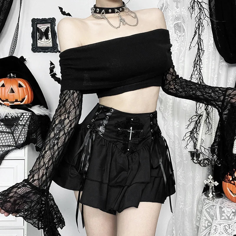 Gothic Alt Goth Off Shoulder Lace Sleeves Crop Top