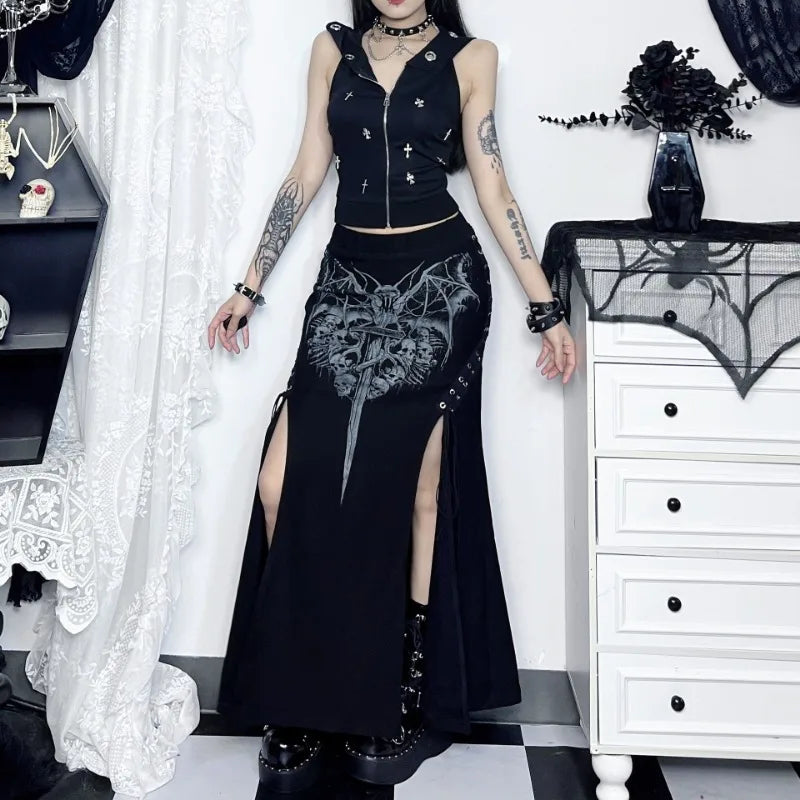 Alt Gothic Bat Skulls Print Lace Up Sides Long Skirt