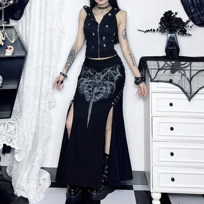 Alt Gothic Bat Skulls Print Lace Up Sides Long Skirt