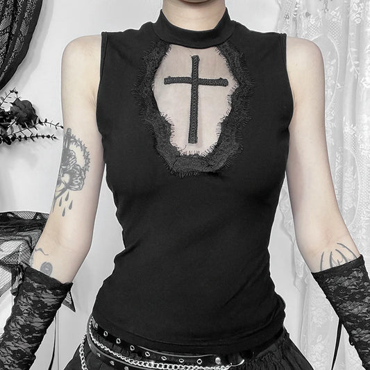 Gothic Coffin Shaped Sheer Cross Patchwork Sleeveless Top