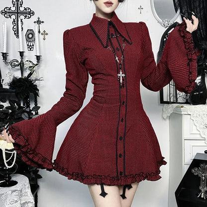 Gothic Alt Goth Red Plaid Flare Sleeve Collared Shirt Dress