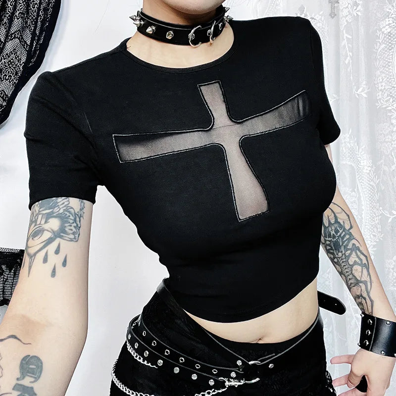 Gothic Alt Goth Cross Sheer Hollow Out Short Sleeve Shirt Top
