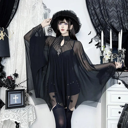 Gothic Alt Goth Black Spaghetti Strap Bodysuit Top + Sheer Cape Set