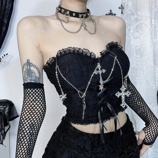 Gothic Cross Chain Lace Corset Style Top