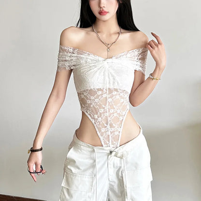 Gothic Alt Goth Off Shoulder Lace Mesh Bodysuit Top