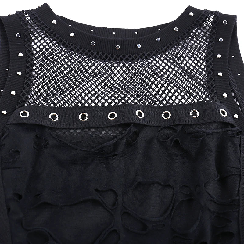 Gothic Y2K Distressed Fishnet Grommet Sleeveless Top