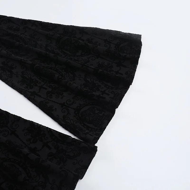 Gothic Harajuku Alt Goth Lace Patchwork Hollow Out High Waist Flare Pants