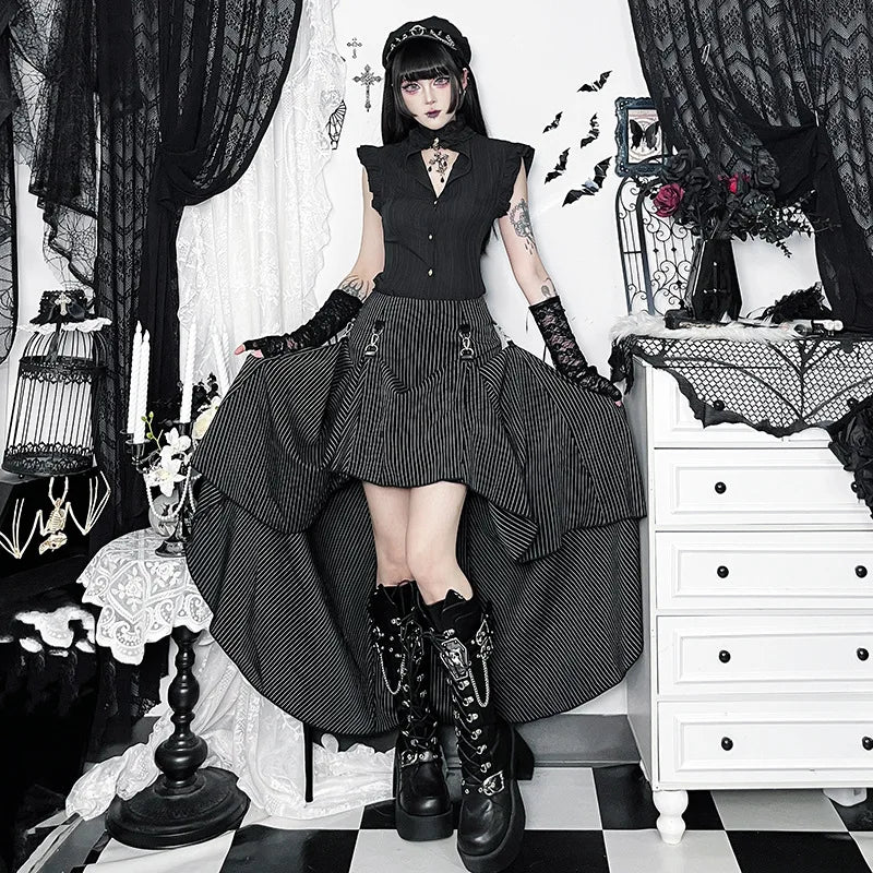 Gothic Alt Goth Pinstriped Ruched Skirt
