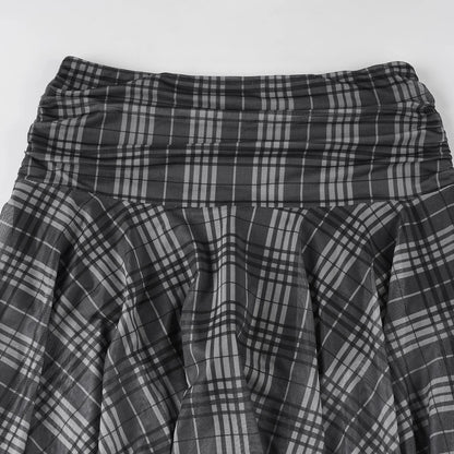 Gothic Alt Goth Grunge Y2K Plaid Mesh Patchwork Irregular Hem Midi Skirt