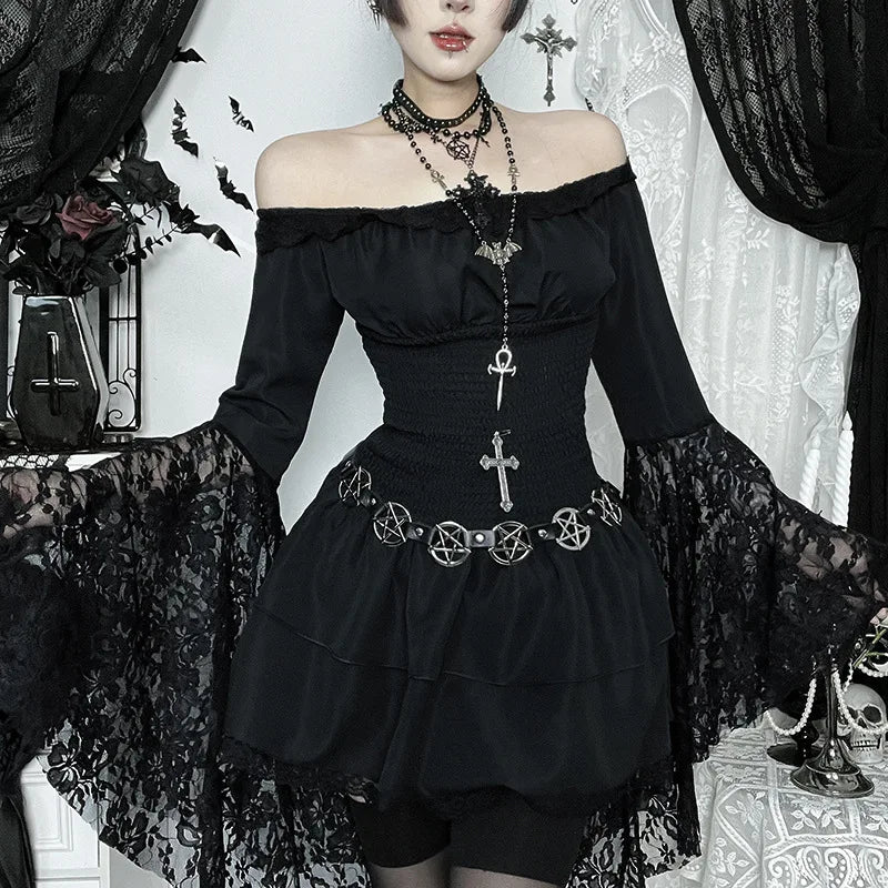 Gothic Alt Goth Off Shoulder Lace Trim Batwing Sleeves Mini Dress