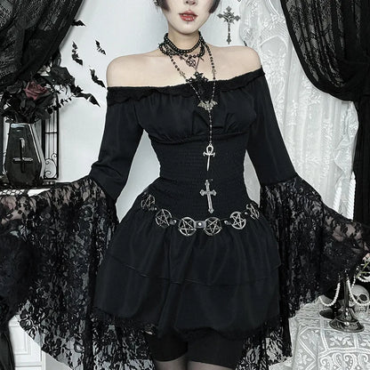Gothic Alt Goth Off Shoulder Lace Trim Batwing Sleeves Mini Dress