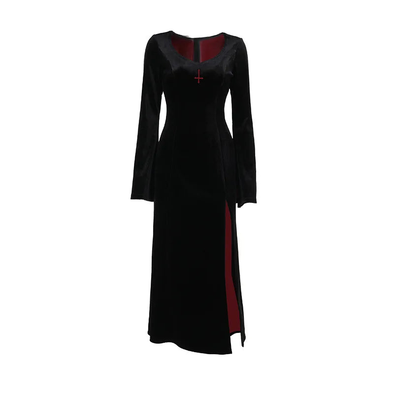 Gothic Alt Vampire Goth Open Bell Sleeves High Slit Long Dress