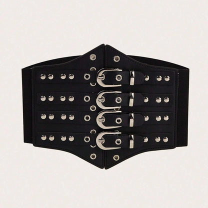 Gothic Alt Goth Studded Multiple Buckles Wide Elastic Cummerbund Belt