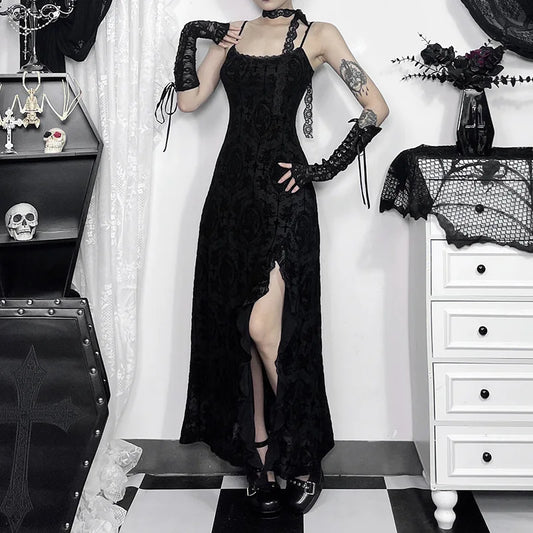 Gothic Vintage Victorian Goth High Slit  Sling Dress