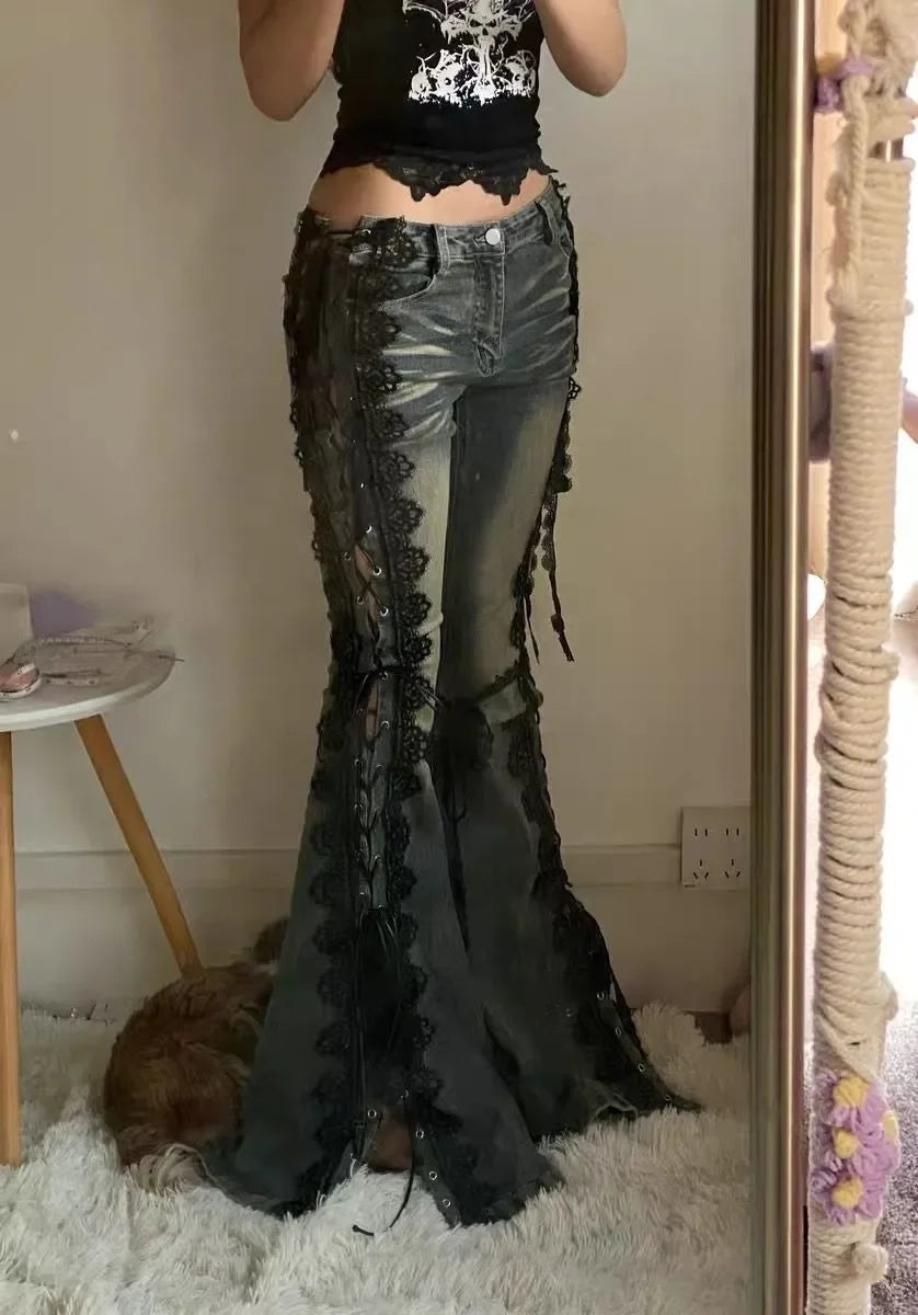 Gothic Y2K Alt Goth Eyelet Lace Up Bell Bottom Flare Jeans Pants