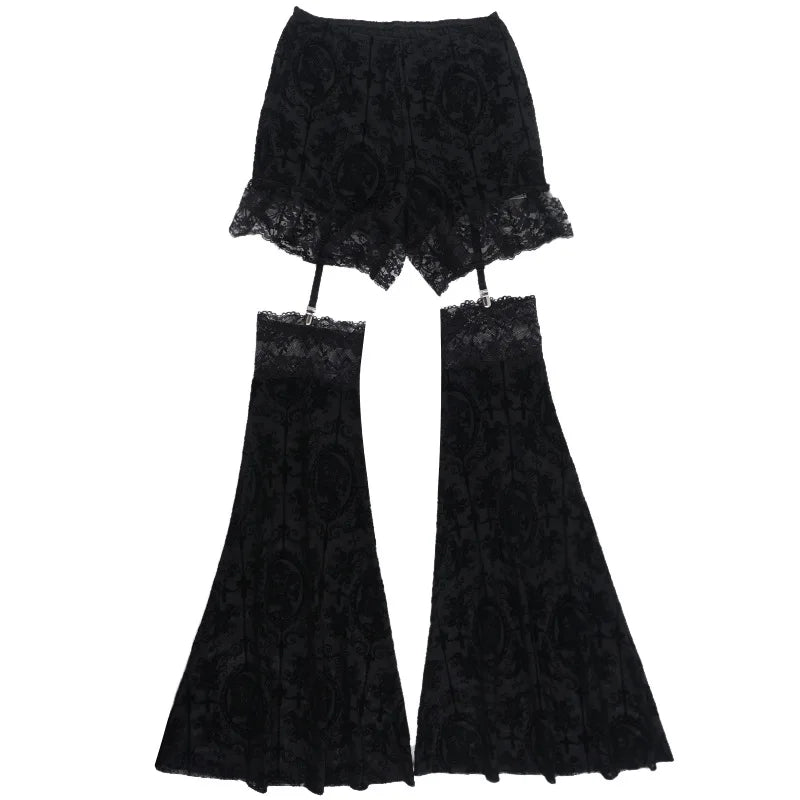 Gothic Harajuku Alt Goth Lace Patchwork Hollow Out High Waist Flare Pants