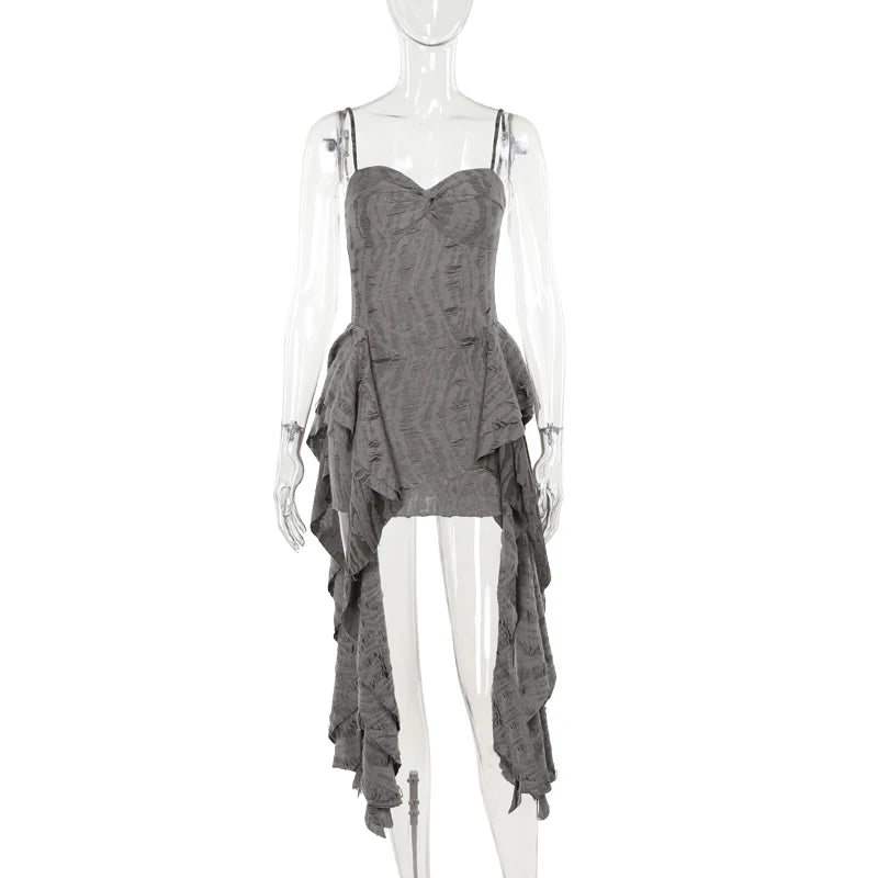 Gothic Y2K Gray Distressed Irregular Hem Patchwork Mini Dress