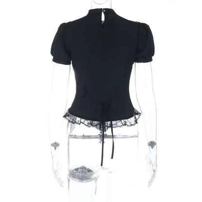 Gothic Moon Cathedral Embroidery Lace Trim Puff Sleeve Top