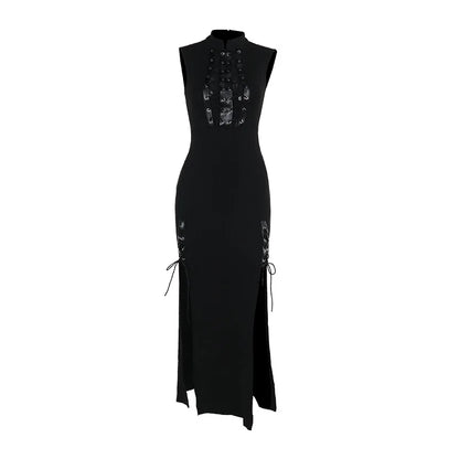 Alt Gothic Sheer Lace Up Side Slit Turtle Neck Long Dress