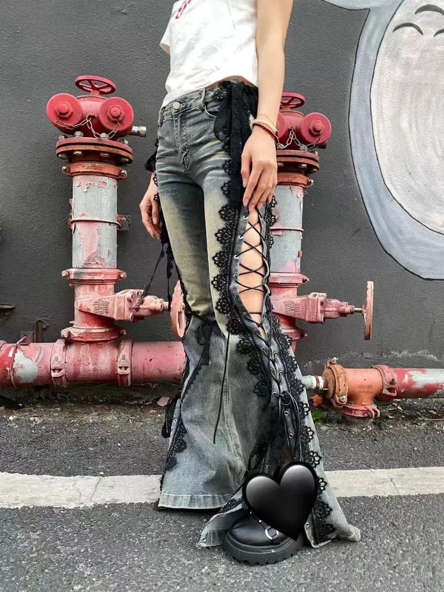 Gothic Y2K Alt Goth Eyelet Lace Up Bell Bottom Flare Jeans Pants