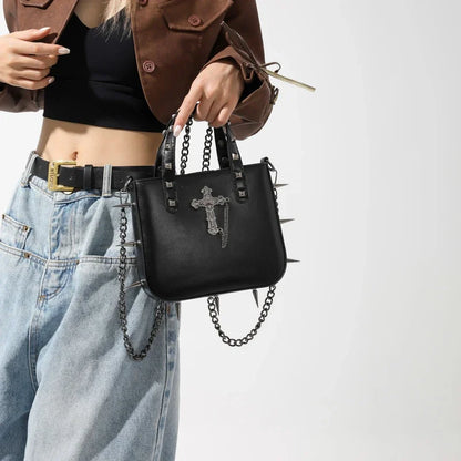 Gothic Alt Goth Cross Skull Spikes Chain Strap Crossbody Bag (available in 3 colors)