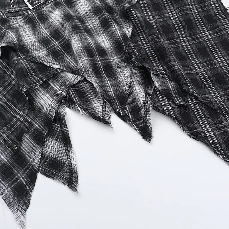 Gothic Grunge Alt Goth Harajuku Black White Plaid Irregular Hem Mini Skirt