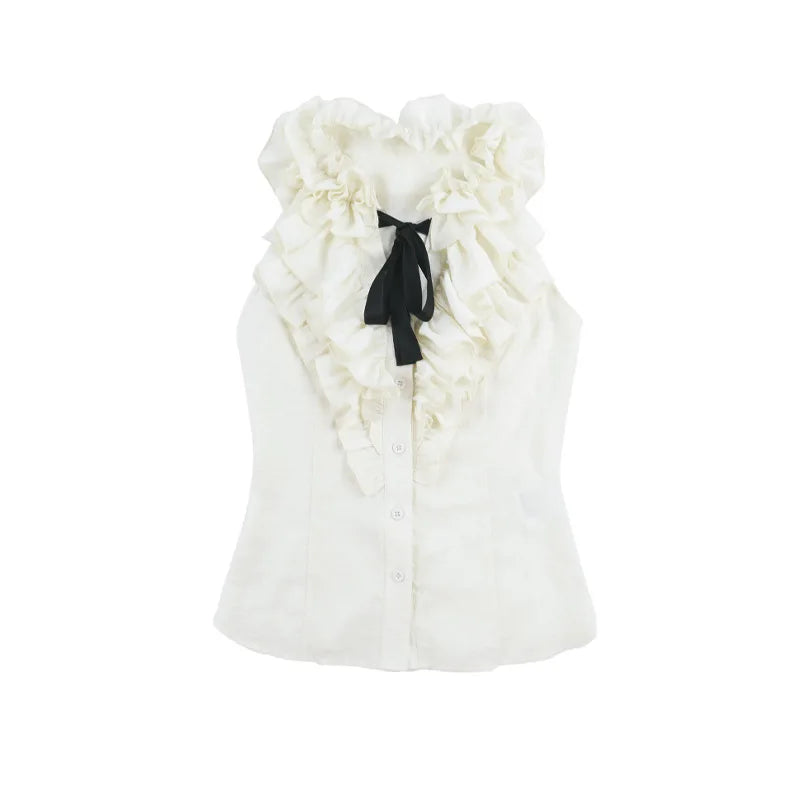 Gothic Victorian Ruffle Collar Bow Tie Sleeveless Vest Top